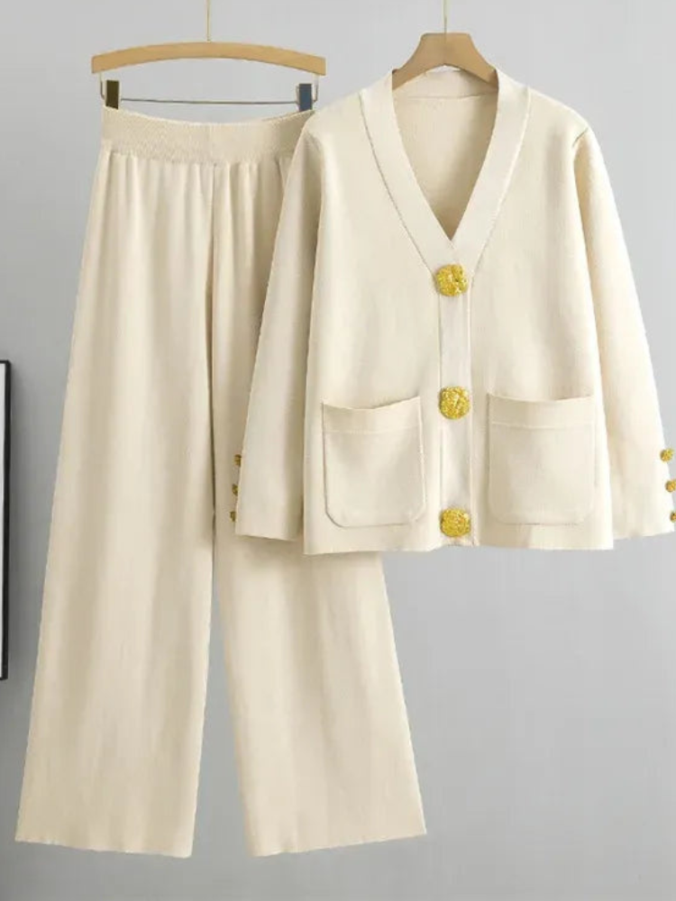 Rika - Elegante completo in maglia con cardigan a scollo a V e pantaloni