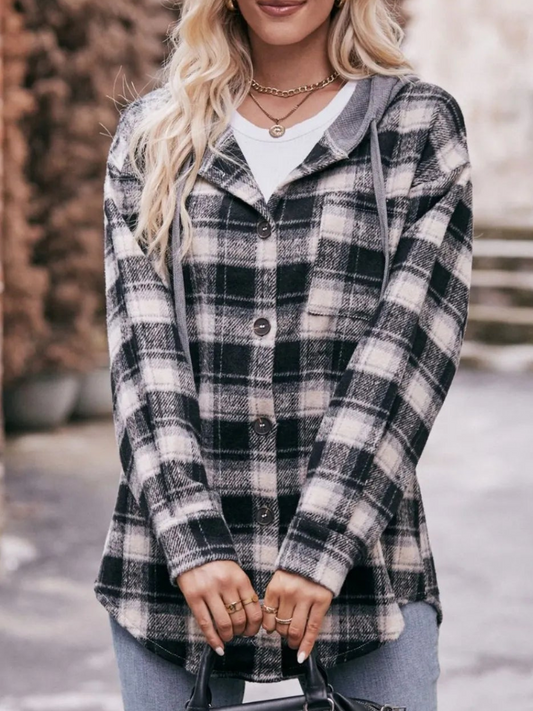 Lyraelle - Giacca oversize a quadri con cappuccio e bottoni