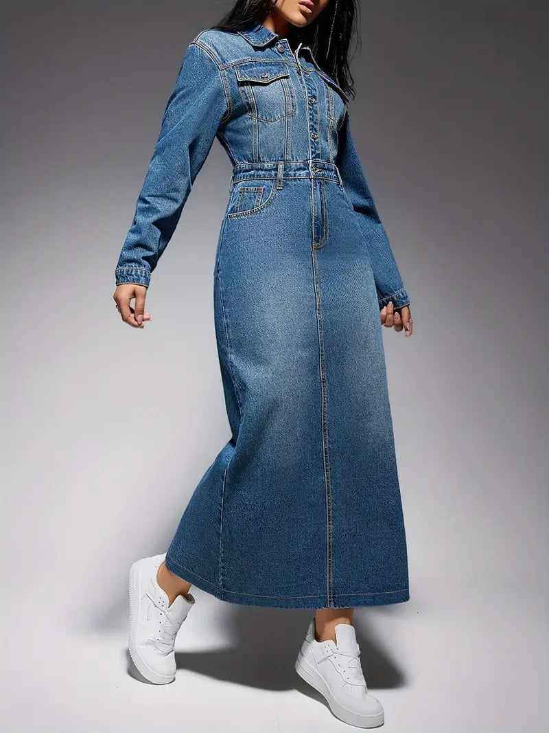 Lydia - Elegante abito a maniche lunghe in denim look per donna