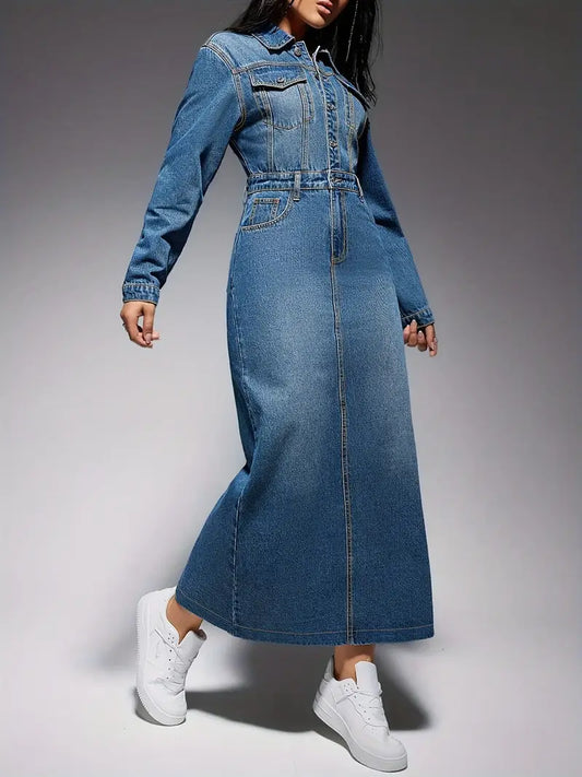 Lydia - Elegante abito a maniche lunghe in denim look per donna