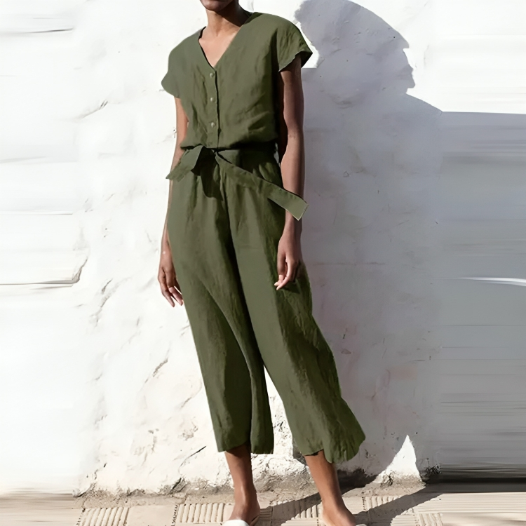 Lizzette - Tuta casual a maniche corte con scollo a V e gamba dritta