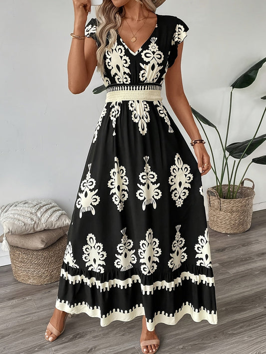 Belicia - Elegante Maxiabito Boho con Stampa Etnica, Scollo a V e Maniche Lunghe