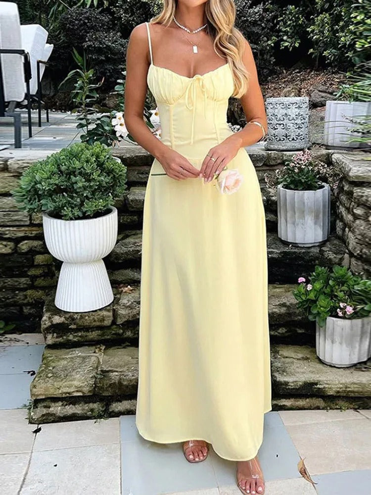 Donna - Elegante abito lungo con spalline arricciate