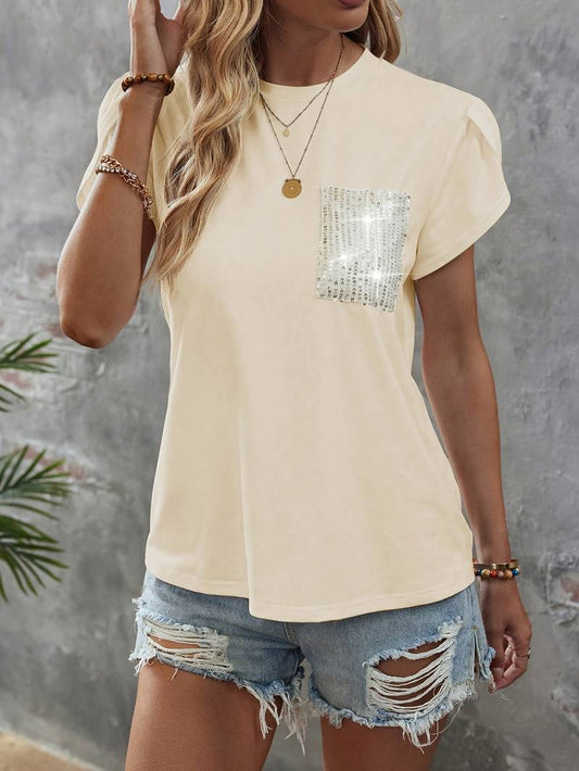 Shane - Top chic con maniche a petalo e taschino con paillettes