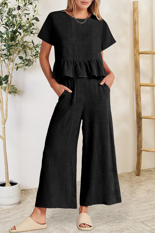 Berenice - Elegante completo con top a maniche corte con volant e pantaloni