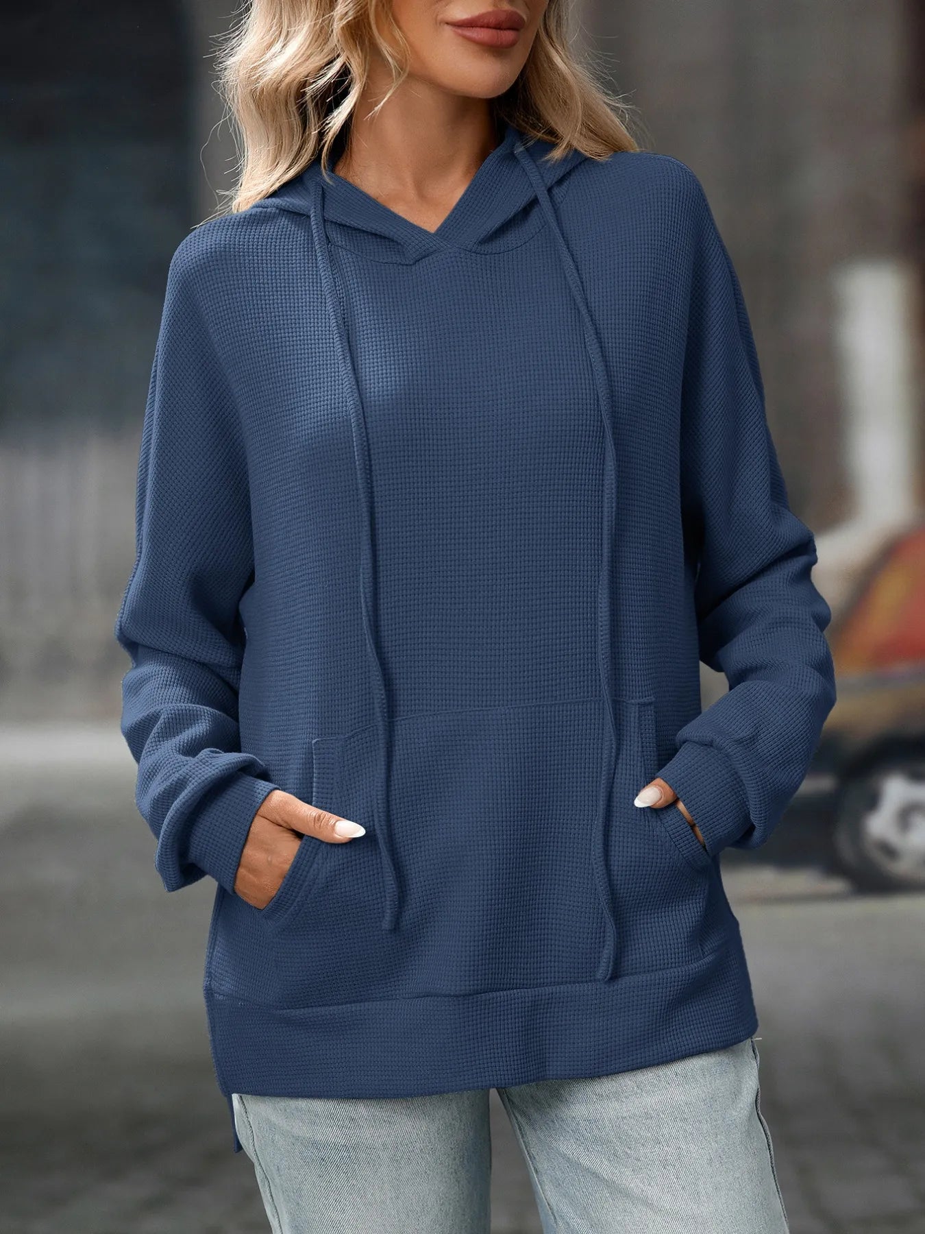 Thalina - Giacca casual con cappuccio, coulisse regolabile e tessuto testurizzato