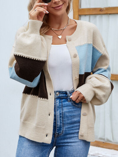 Roxana - Cardigan elegante con bottoni, maniche a sbuffo e blocchi di colore