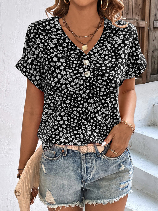 Abigale - Blusa casual floreale a maniche corte con scollo a V