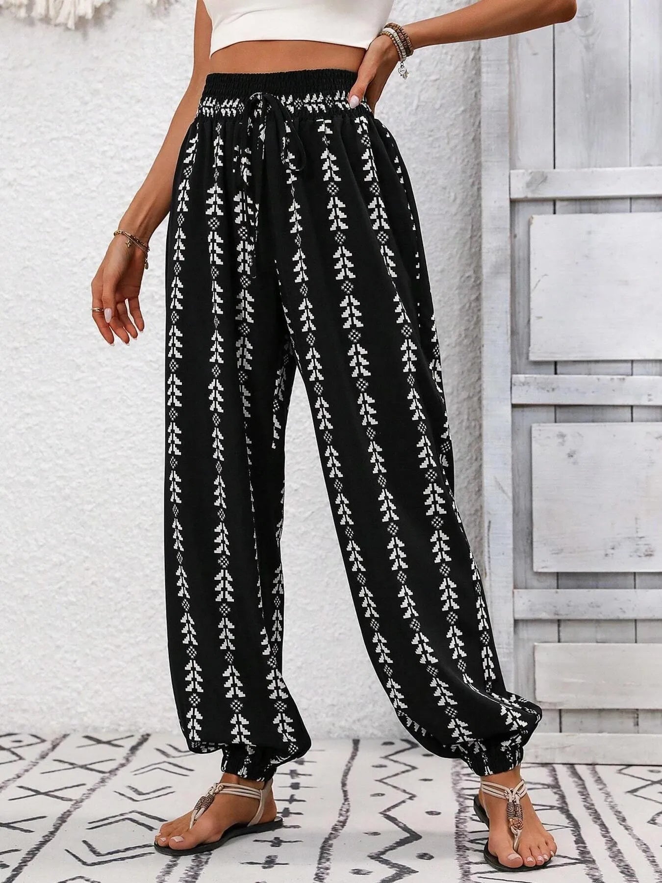 Daniela - Eleganti pantaloni a vita alta con stampa casual