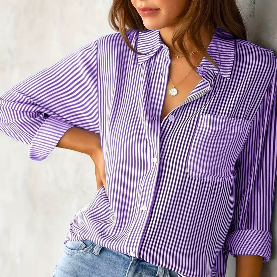 Nyanna - Elegante blusa polo a righe con bottoni