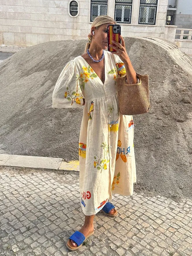 Melissa - Vestaglia midi in lino stampato