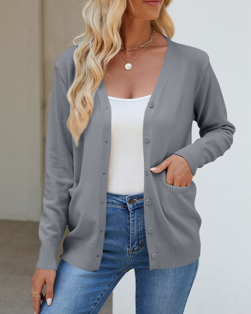 Bessie - Cardigan maniche lunghe con bottoni, scollo a V e tasche