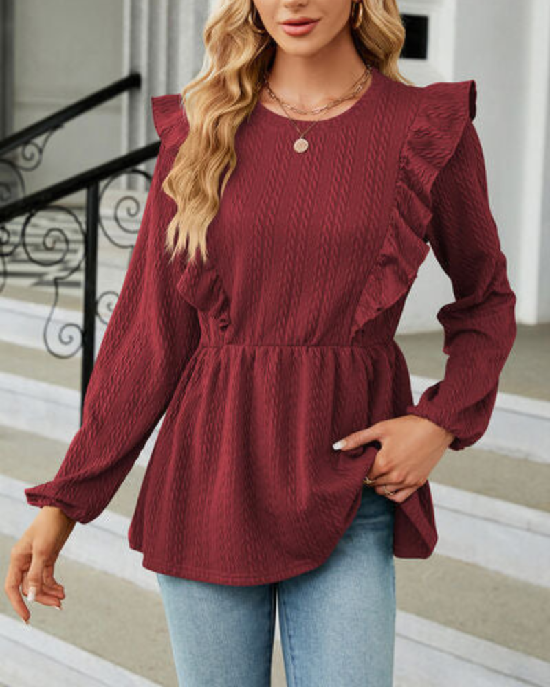 Leilani - Elegante camicetta a maniche lunghe con scollo tondo e volant
