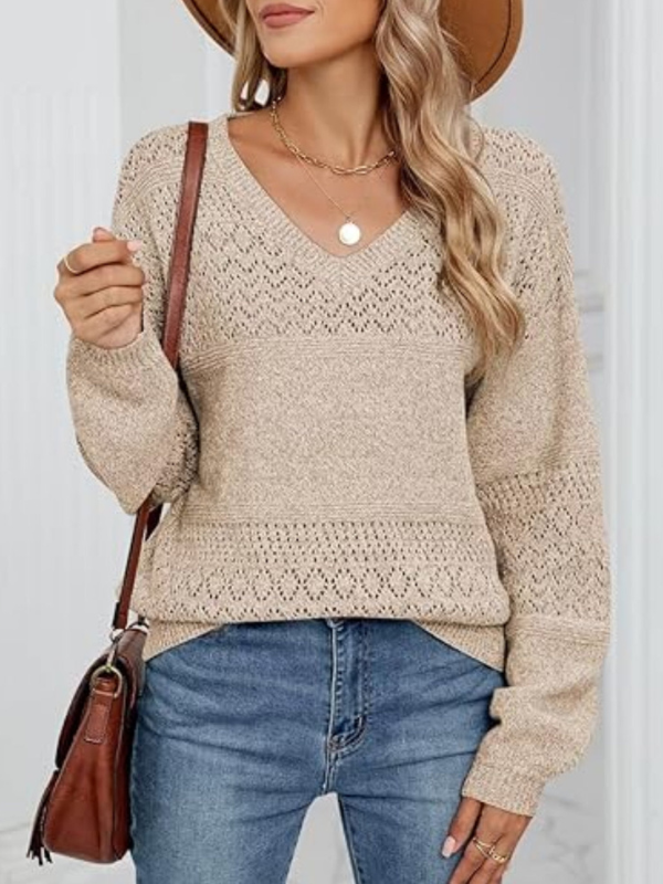 Gabby - Maglione casual a maniche lunghe con scollo a V e lavorazione traforata