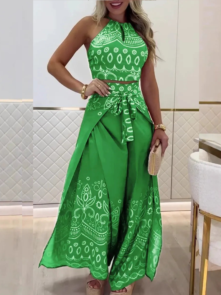 Darlynn - Completo elegante con top corto stampato e pantaloni ampi