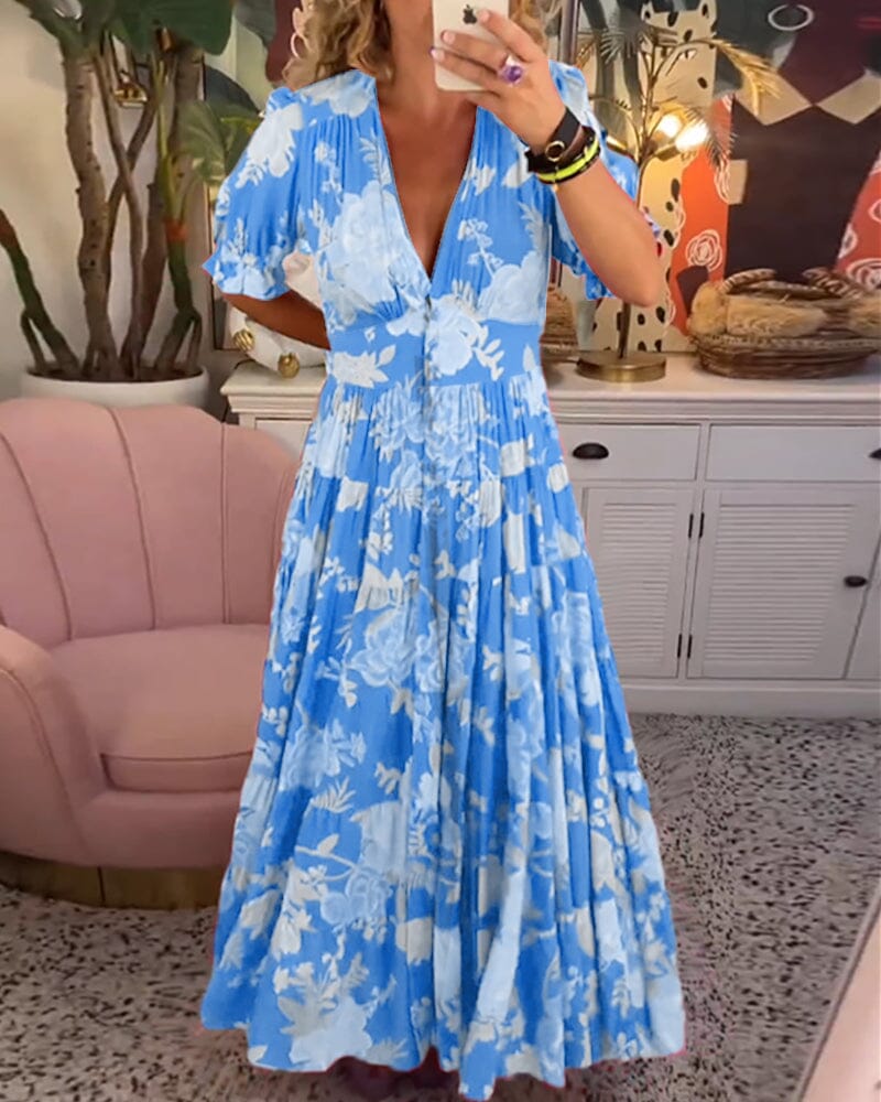 Vannessa - Elegante Vestito Lungo Floreale con Scollo a V Profondo