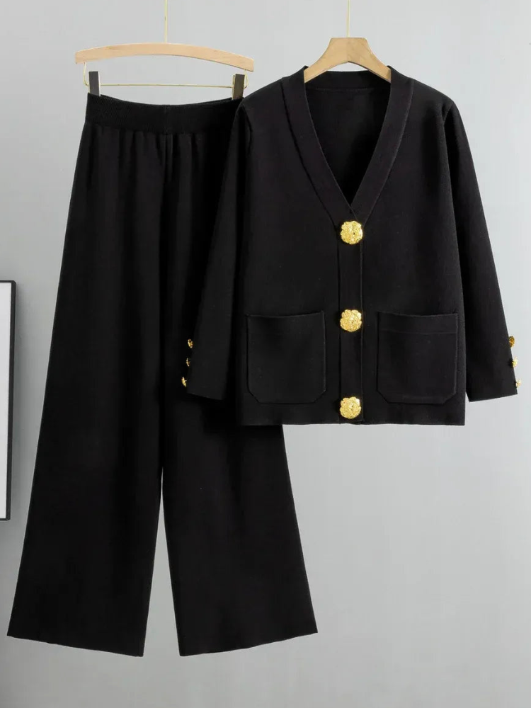 Rika - Elegante completo in maglia con cardigan a scollo a V e pantaloni