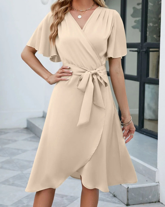 Athena - Elegante abito svasato a maniche corte con scollo a V e cintura da annodare