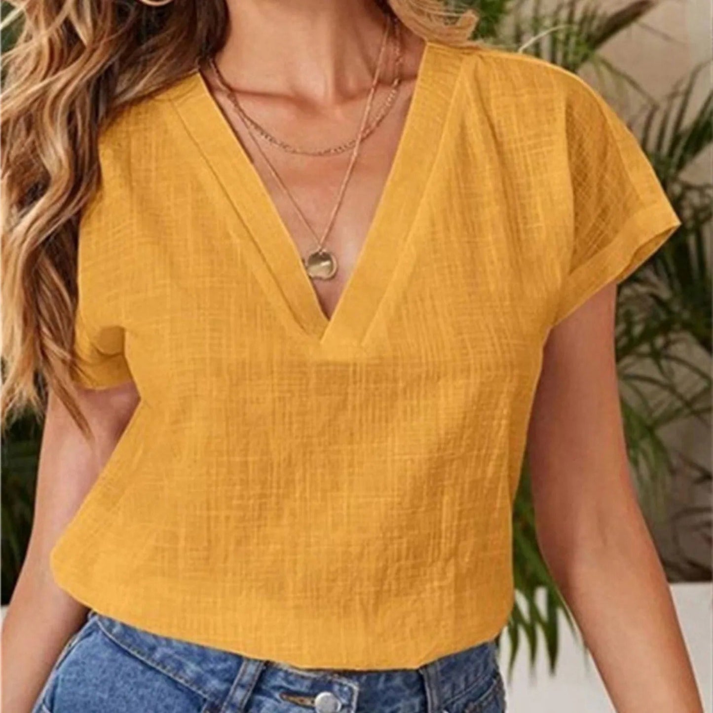 Lianna - Comoda Blusa Casual a Maniche Corte con Scollo a V