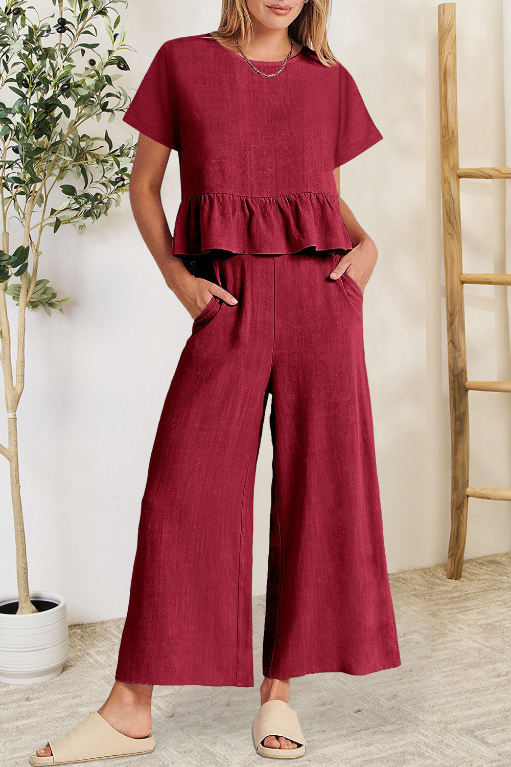Berenice - Elegante completo con top a maniche corte con volant e pantaloni
