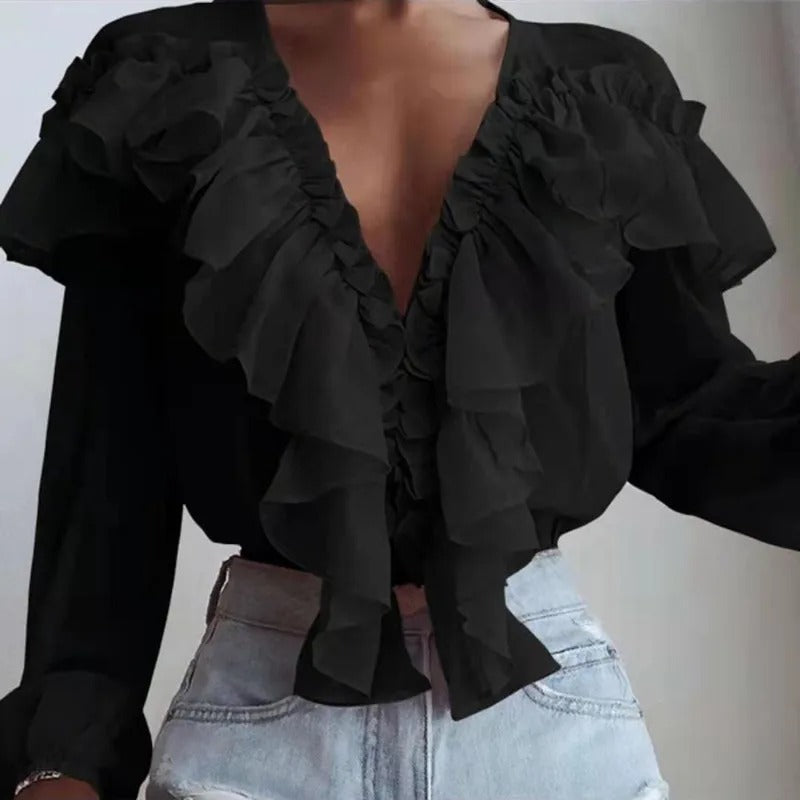 Nychelle - Elegante blusa con volant e maniche lunghe con scollo a V profondo