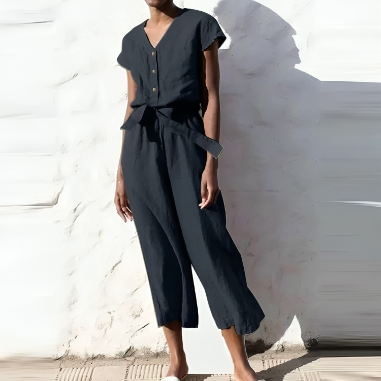Lizzette - Tuta casual a maniche corte con scollo a V e gamba dritta