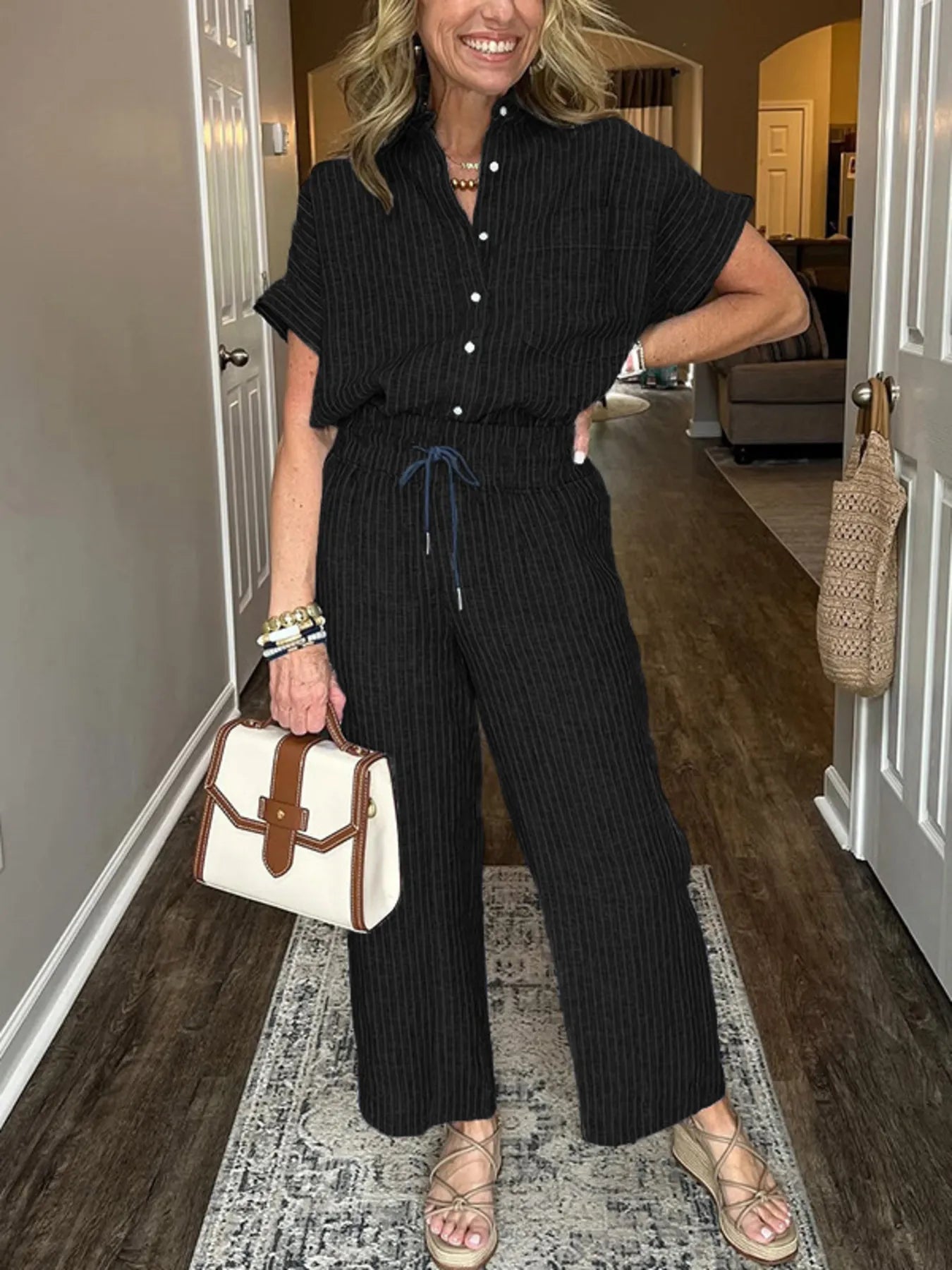 Malou - Completo casual con camicia larga abbottonata e pantaloni ampi
