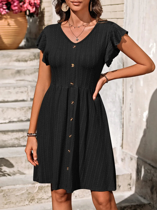 Marina - Elegante abito a maniche lunghe con volant e scollo a V con bottoni
