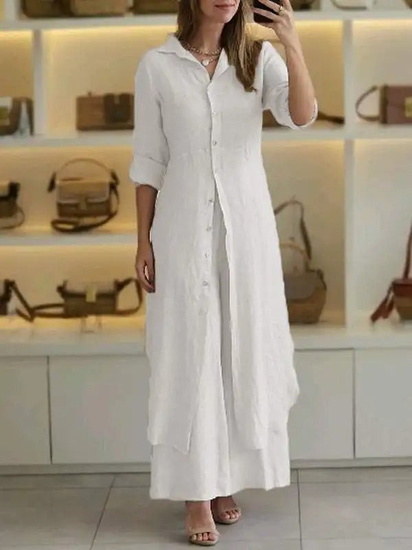 Sunniva - Completo casual in lino con abito lungo abbottonato e pantaloni a gamba larga
