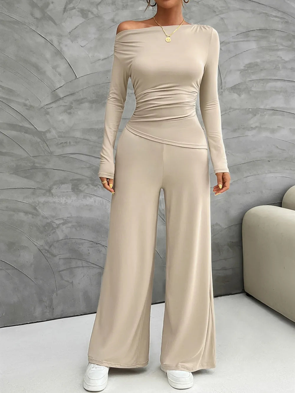 Mireya - Elegante completo con top aderente a maniche lunghe e pantaloni a gamba larga