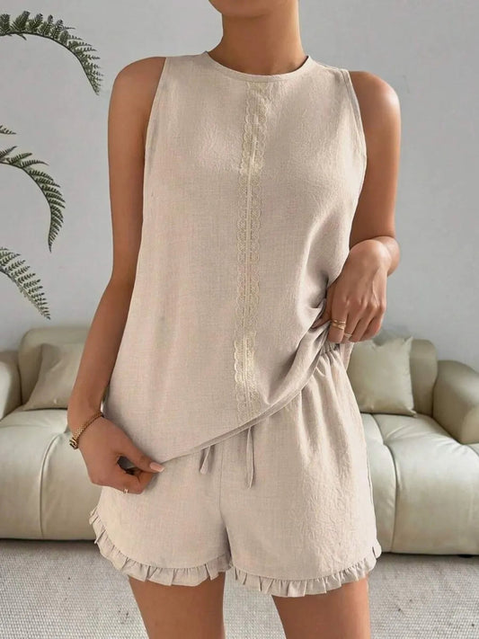 Marissa - Elegante completo con top senza maniche e pantaloncini a girocollo