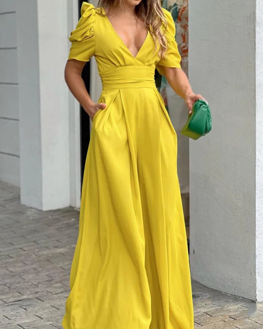 Fenella - Elegante Tuta Fluida con Maniche Corte e Scollatura a V Profonda