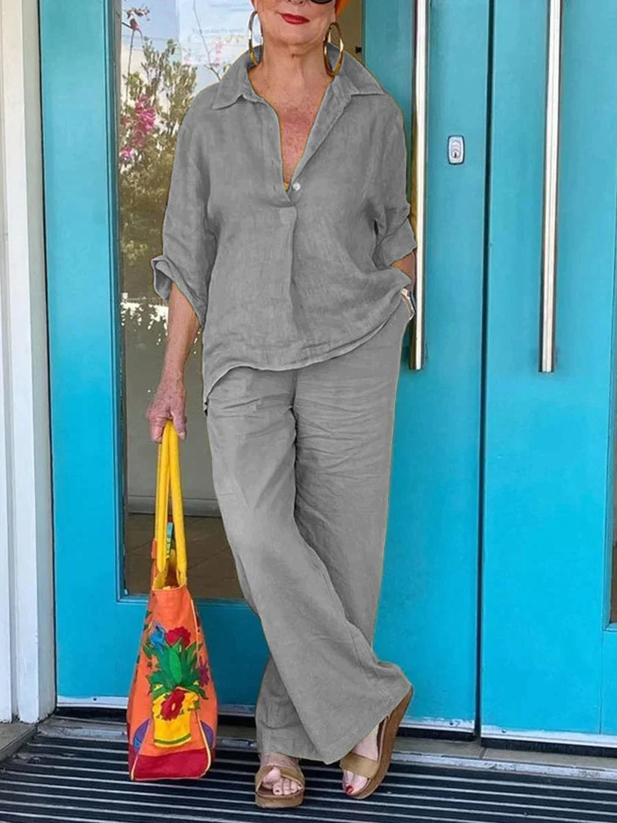 Yasmin - Elegante completo con blusa a maniche lunghe e pantaloni larghi