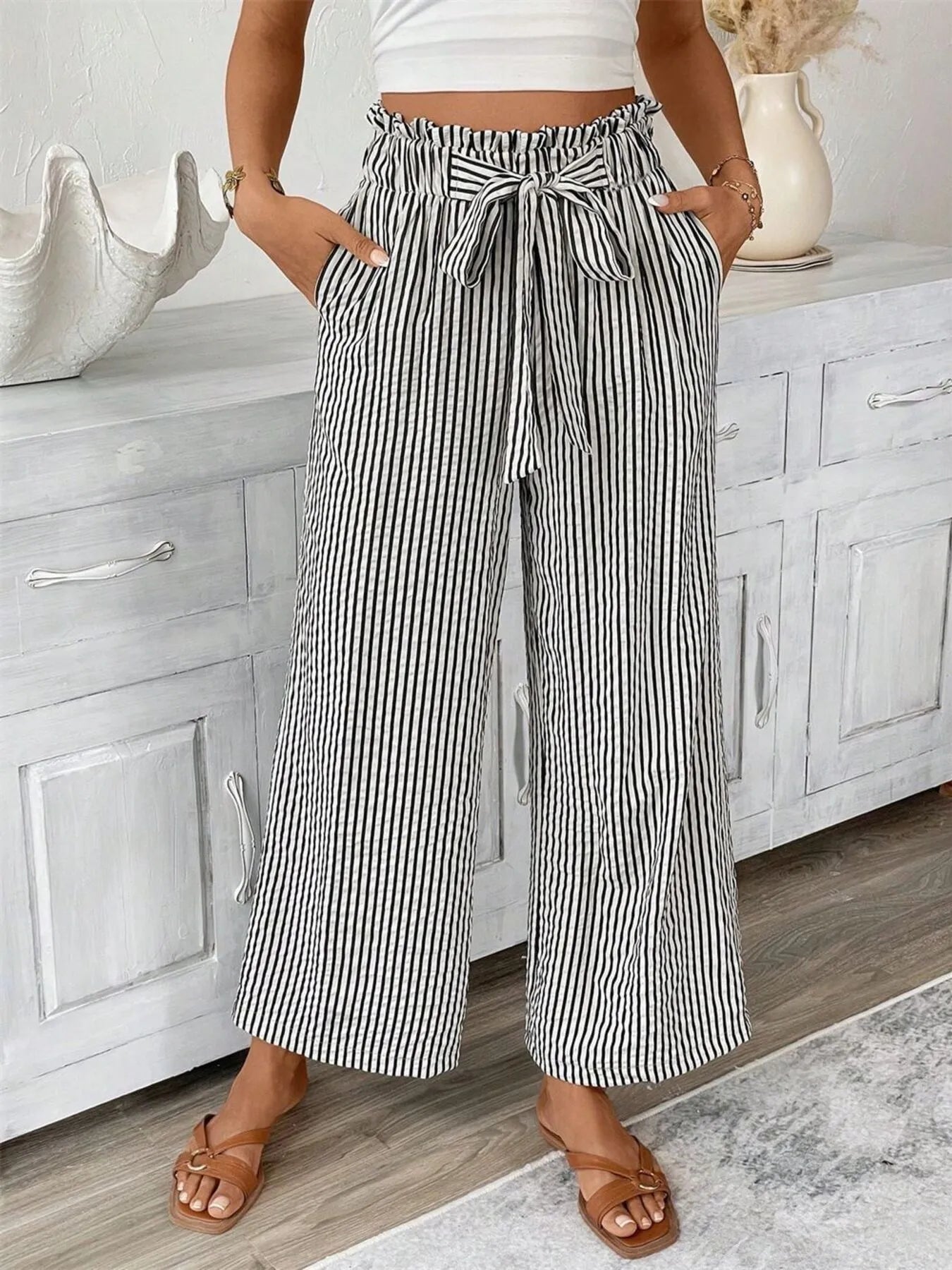Candy - Eleganti pantaloni a righe a gamba larga e vita alta