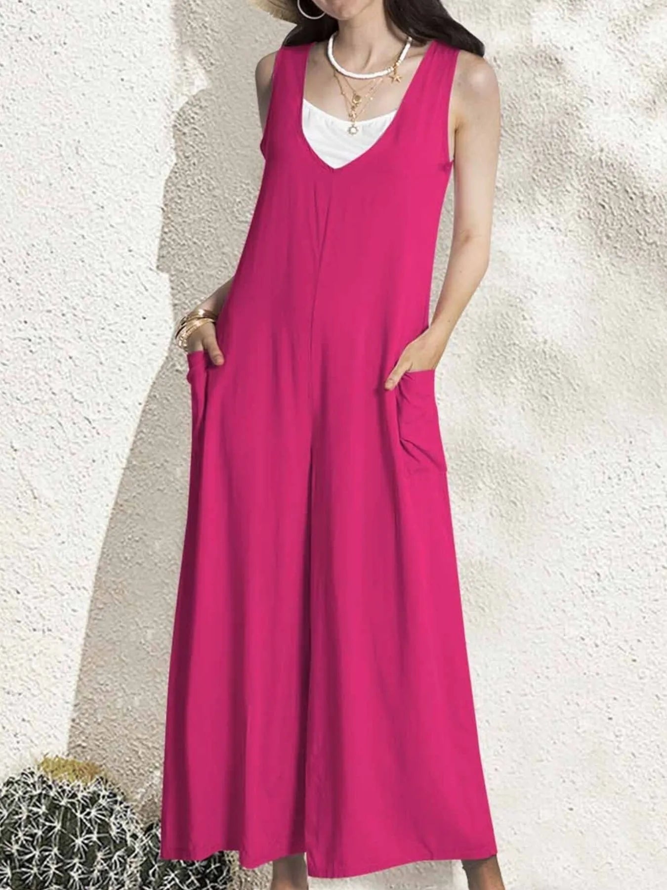 Jemma - Tuta casual senza maniche con scollo a V e gamba larga
