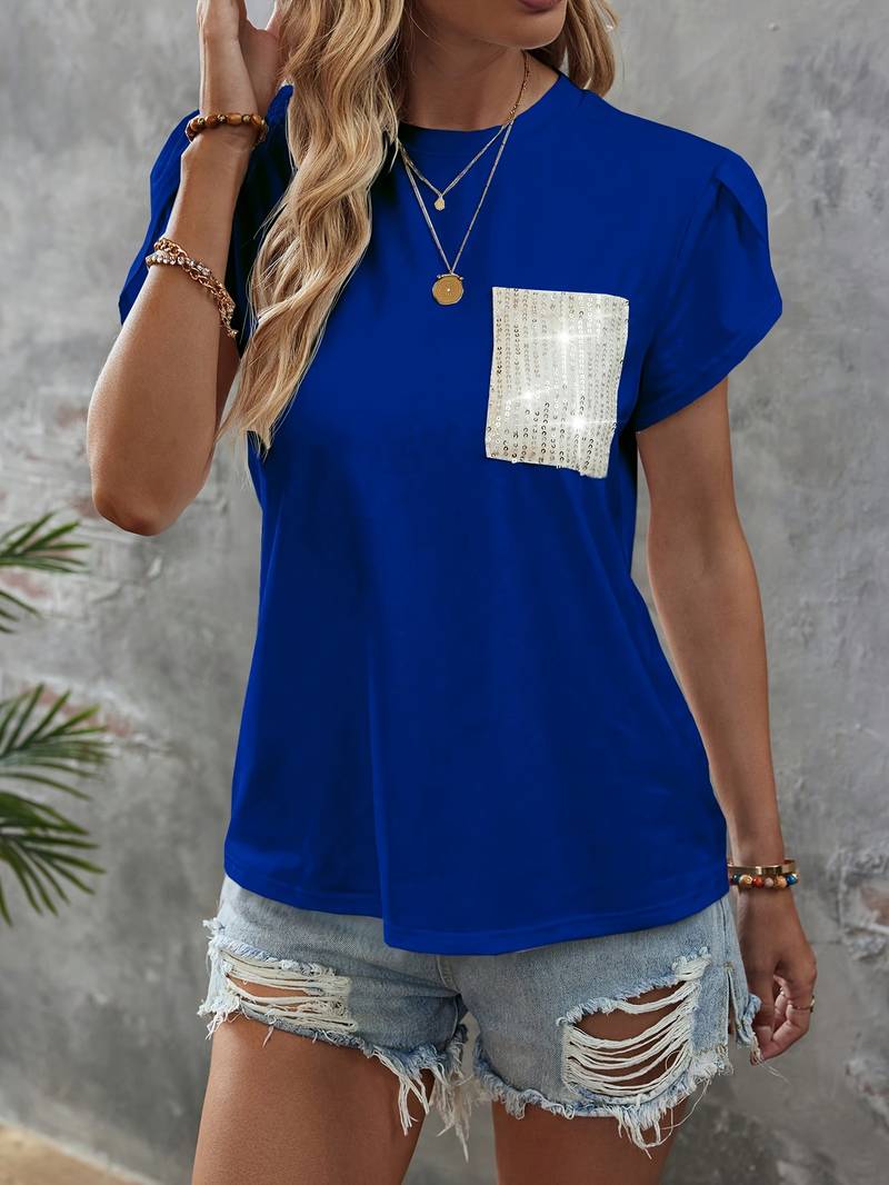 Shane - Top chic con maniche a petalo e taschino con paillettes