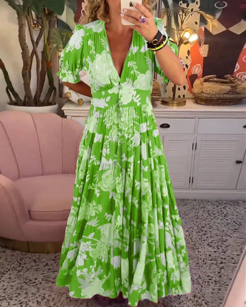 Vannessa - Elegante Vestito Lungo Floreale con Scollo a V Profondo