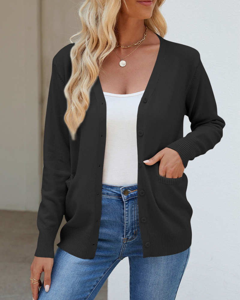 Bessie - Cardigan maniche lunghe con bottoni, scollo a V e tasche