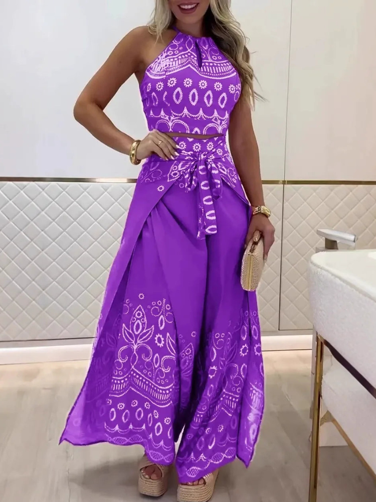 Darlynn - Completo elegante con top corto stampato e pantaloni ampi
