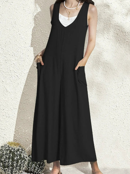 Jemma - Tuta casual senza maniche con scollo a V e gamba larga