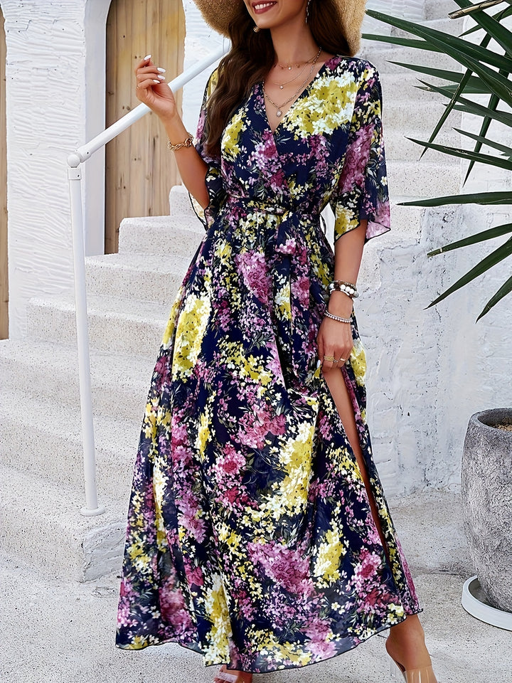 Sabine - Elegante abito lungo floreale a mezza manica