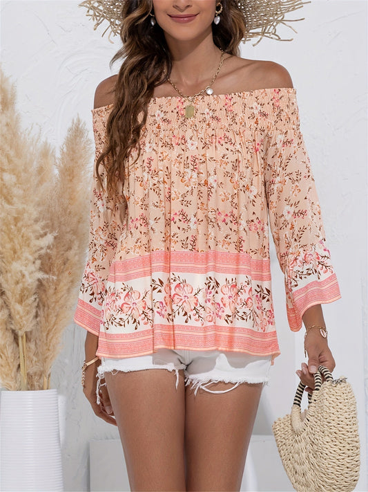 Audrey - Elegante blusa con estampato floreale e spalle scoperte