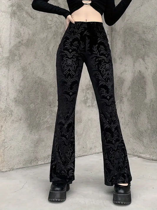Elspeth - Pantaloni a vita alta con motivo floreale in stile gotico