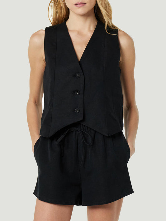 Reyna - Elegante completo con top smanicato a V con bottoni e pantaloncini con tasche