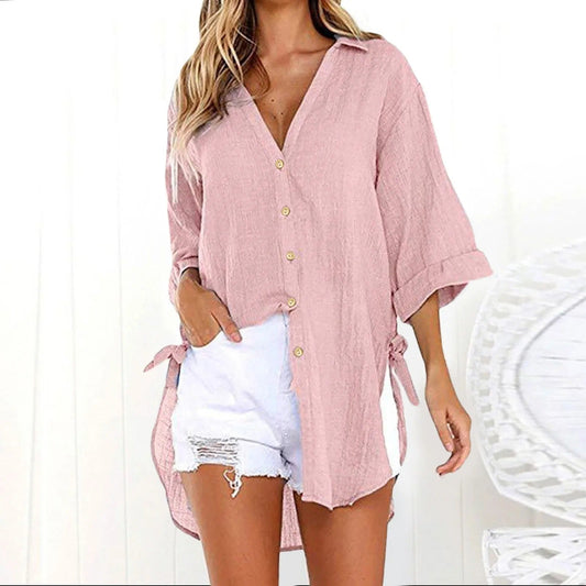 Karmella - Blusa casual ampia con bottoni e scollo a V