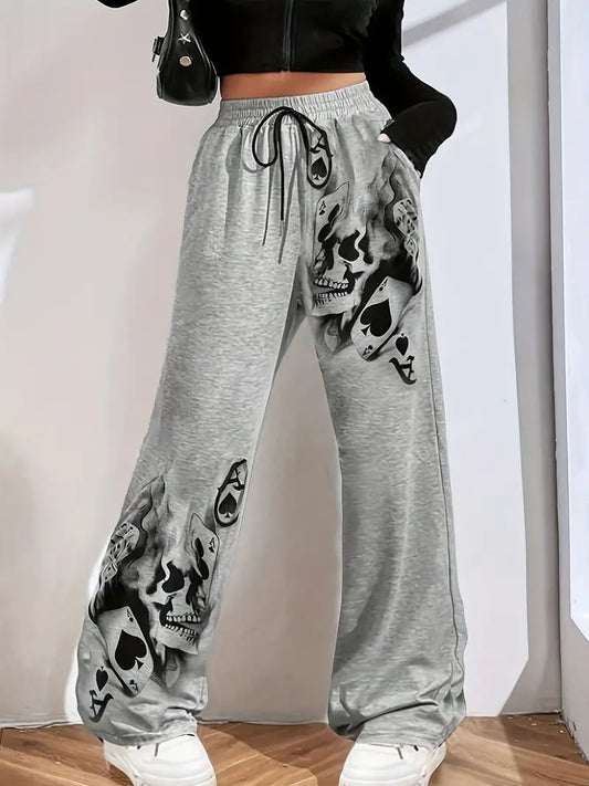Sally - Pantaloni larghi con stampa a forma di corvo e coulisse