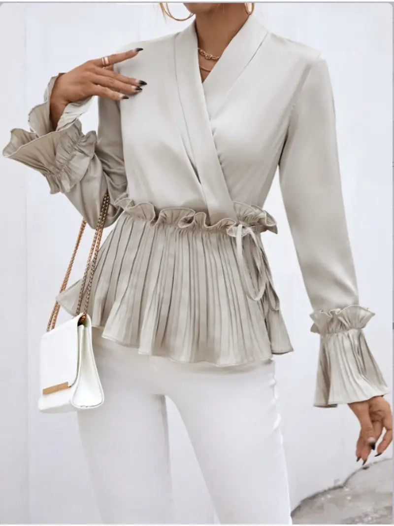 Esther - Elegante top a maniche lunghe con scollo a V e dettaglio plissettato