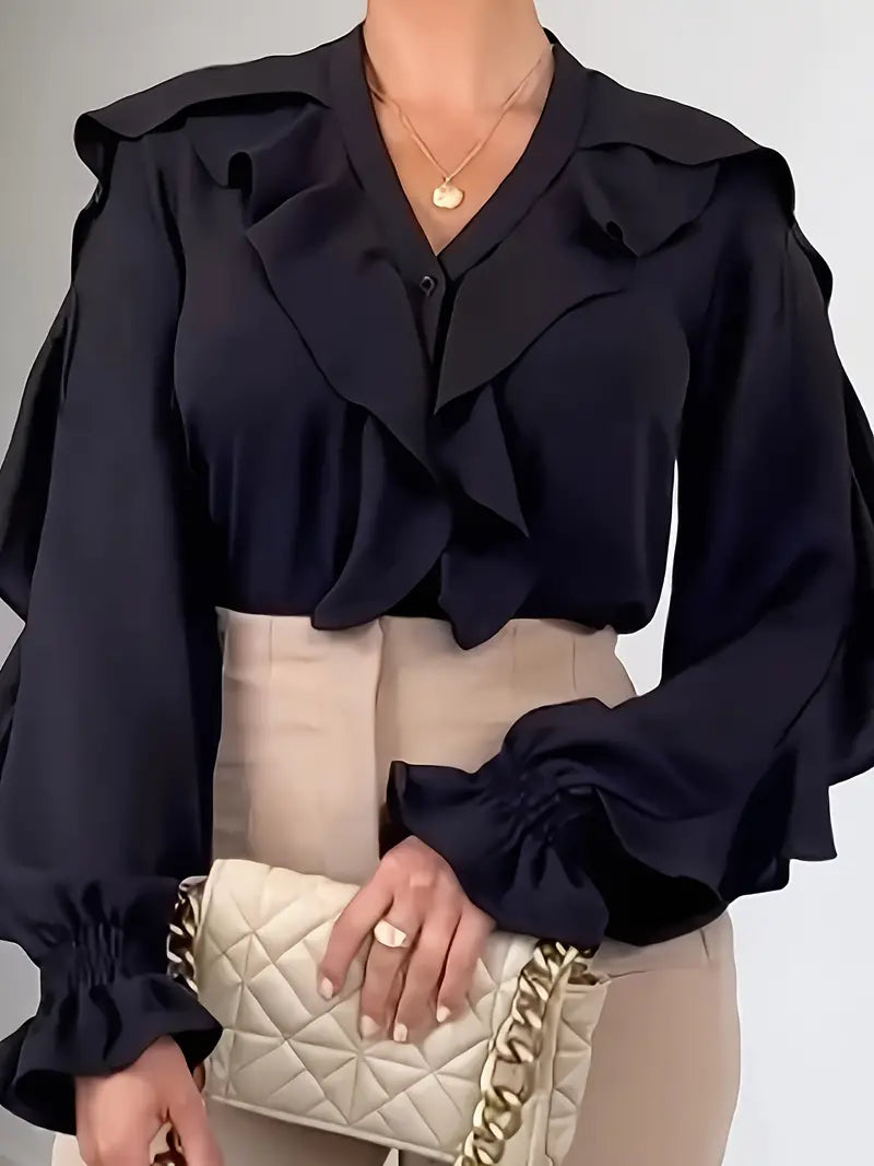 Diana - Elegante camicetta a maniche lunghe con volant e scollo a V