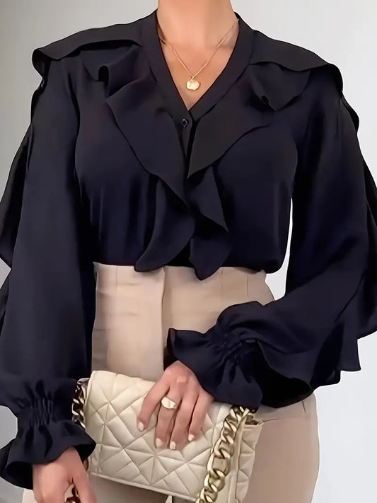Diana - Elegante camicetta a maniche lunghe con volant e scollo a V