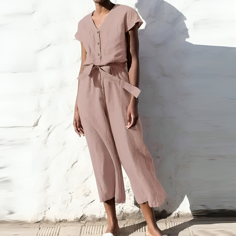 Lizzette - Tuta casual a maniche corte con scollo a V e gamba dritta